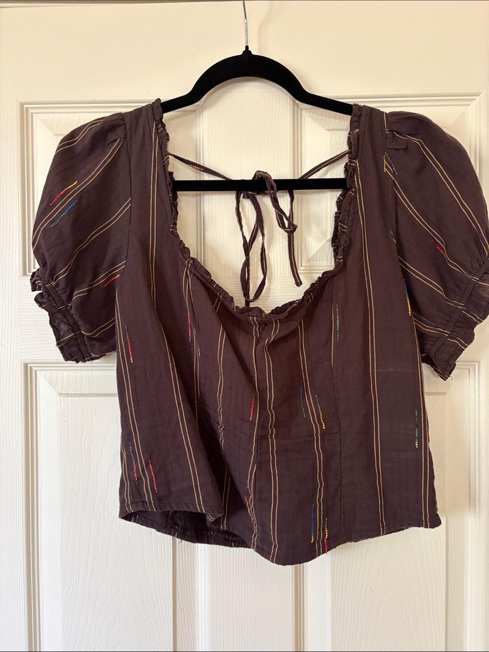 Free People Brown Embroidered Puff Sleeve Square Neck Top Large